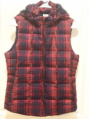 Patagonia Womens M Plaid Puffer Vest Hooded Fleece Lined FA13 28396 Red Black
